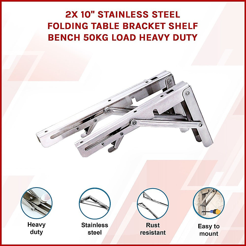 2x 10" Stainless Steel Folding Table Bracket Shelf Bench 50kg Load Heavy Duty 3