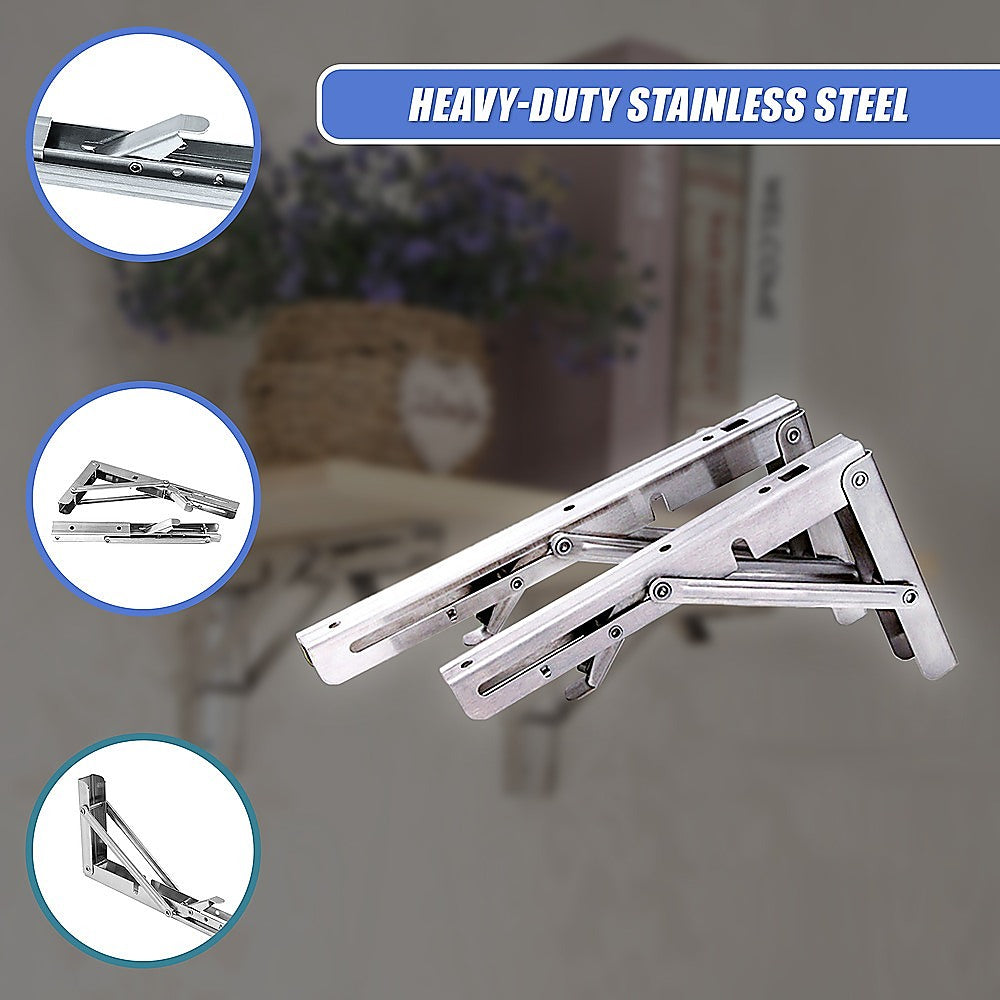 2x 10" Stainless Steel Folding Table Bracket Shelf Bench 50kg Load Heavy Duty 7