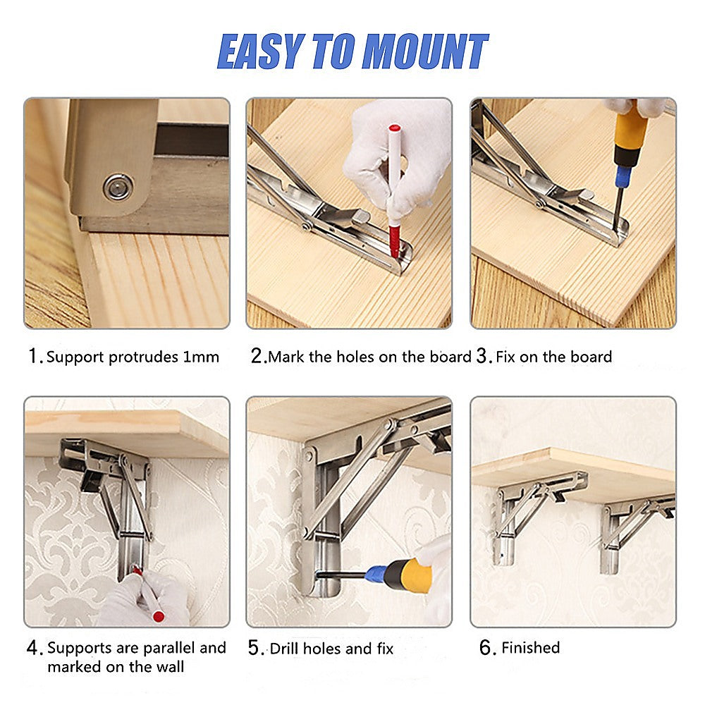 2x 10" Stainless Steel Folding Table Bracket Shelf Bench 50kg Load Heavy Duty 10