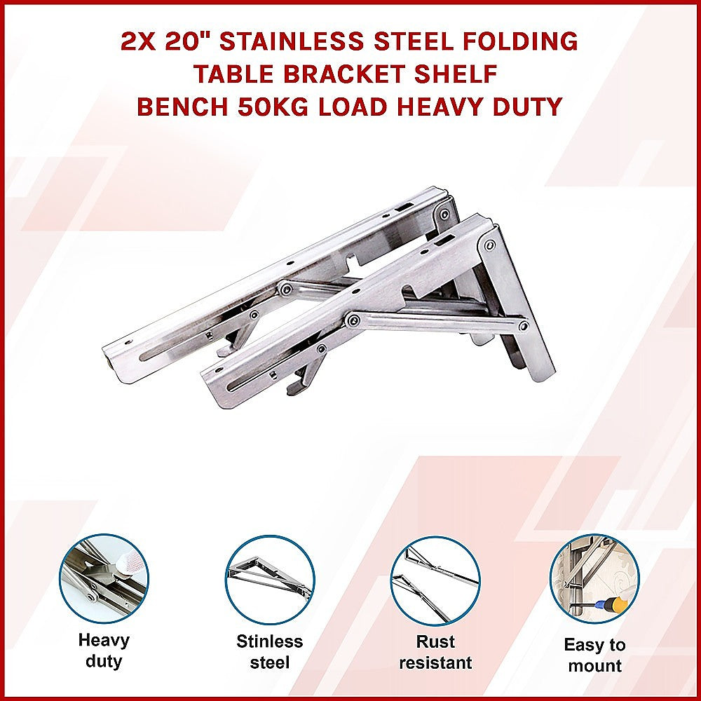 2x 20" Stainless Steel Folding Table Bracket Shelf Bench 50kg Load Heavy Duty 3