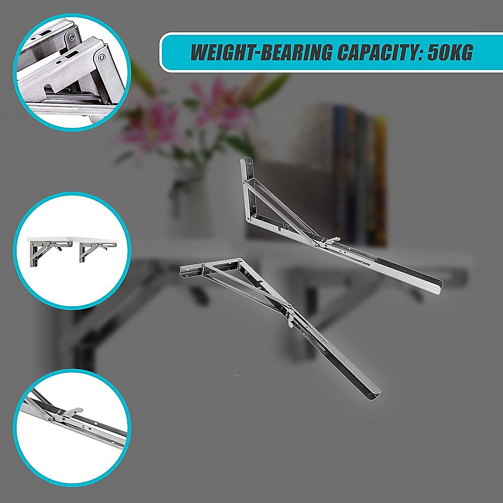 2x 20" Stainless Steel Folding Table Bracket Shelf Bench 50kg Load Heavy Duty 9