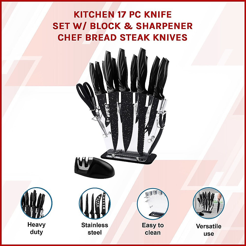 Kitchen 17 Pc Knife Set w/ Block & Sharpener Chef Bread Steak Knives 3
