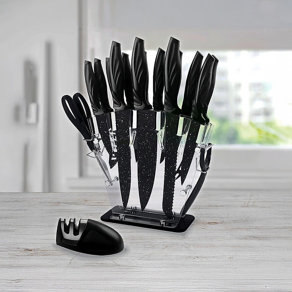 Kitchen 17 Pc Knife Set w/ Block & Sharpener Chef Bread Steak Knives 5