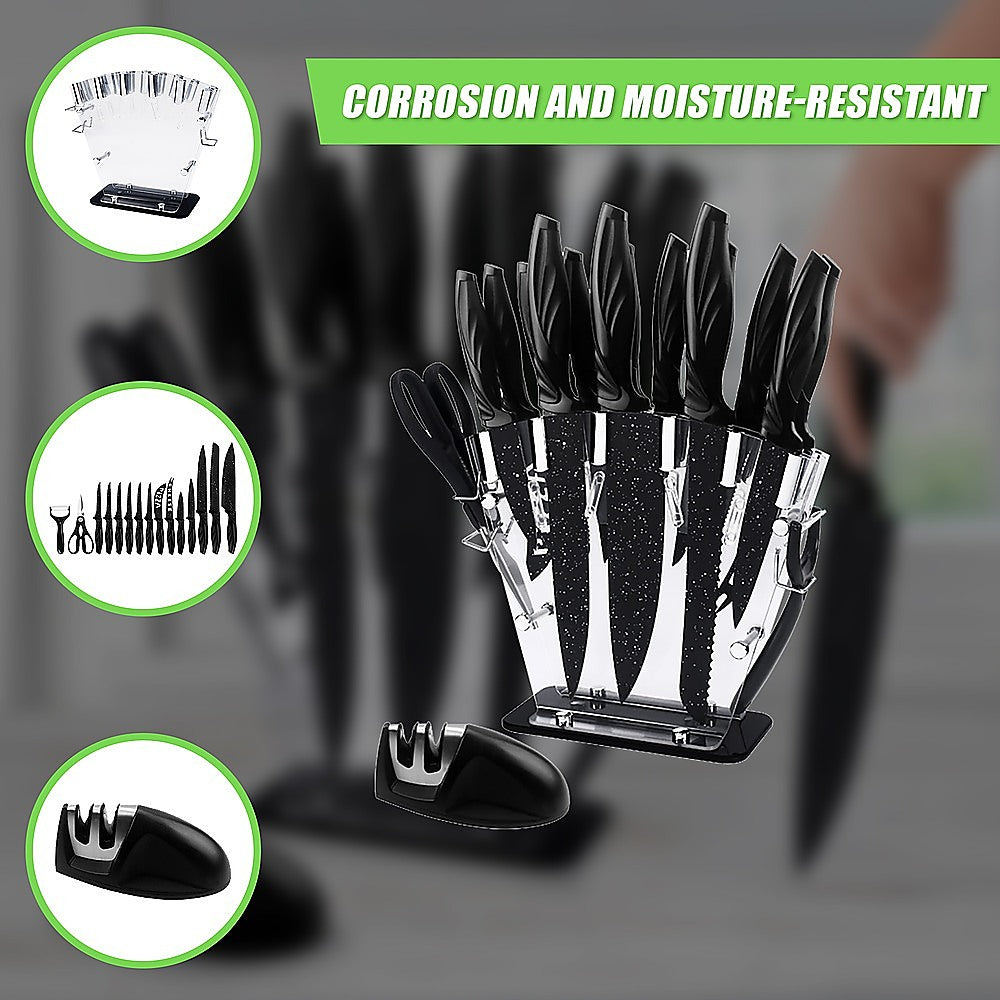 Kitchen 17 Pc Knife Set w/ Block & Sharpener Chef Bread Steak Knives 8