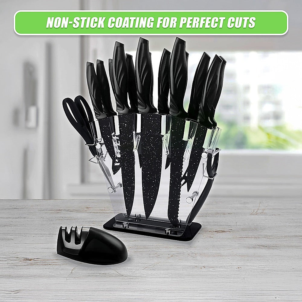 Kitchen 17 Pc Knife Set w/ Block & Sharpener Chef Bread Steak Knives 9