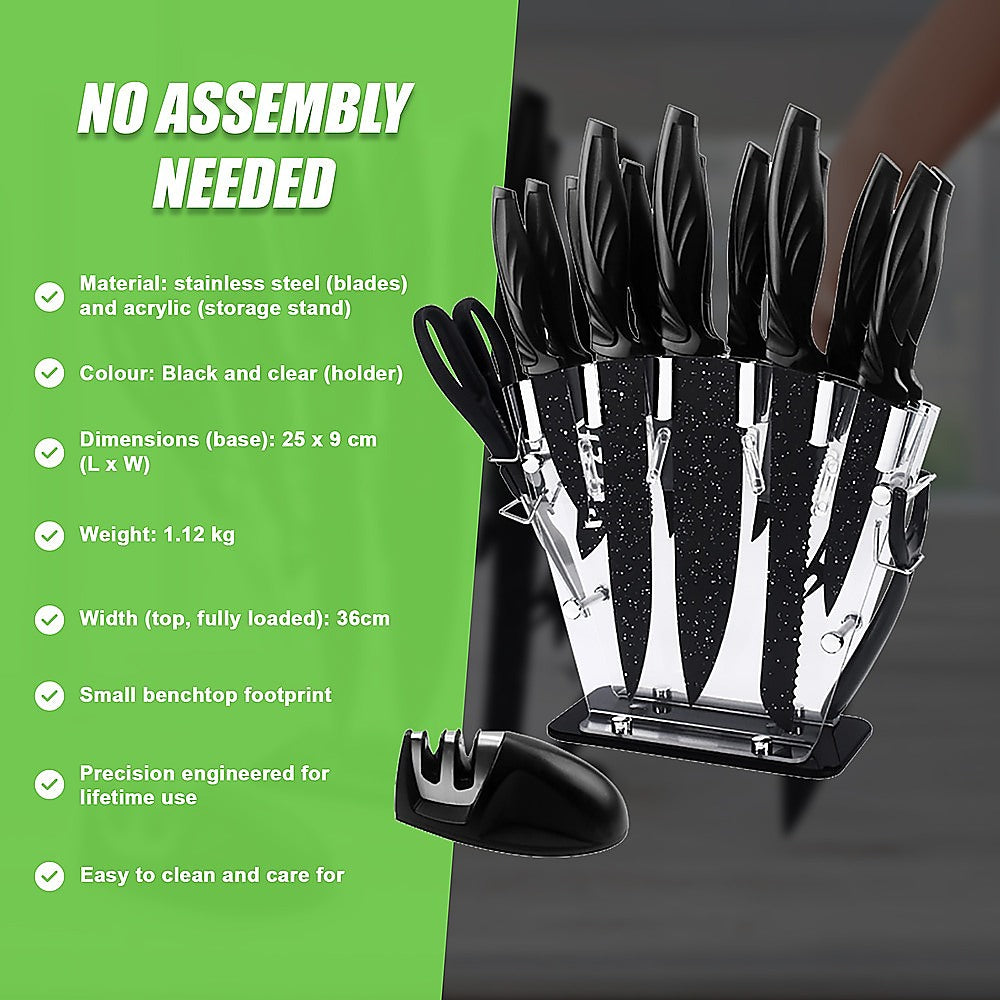 Kitchen 17 Pc Knife Set w/ Block & Sharpener Chef Bread Steak Knives 10