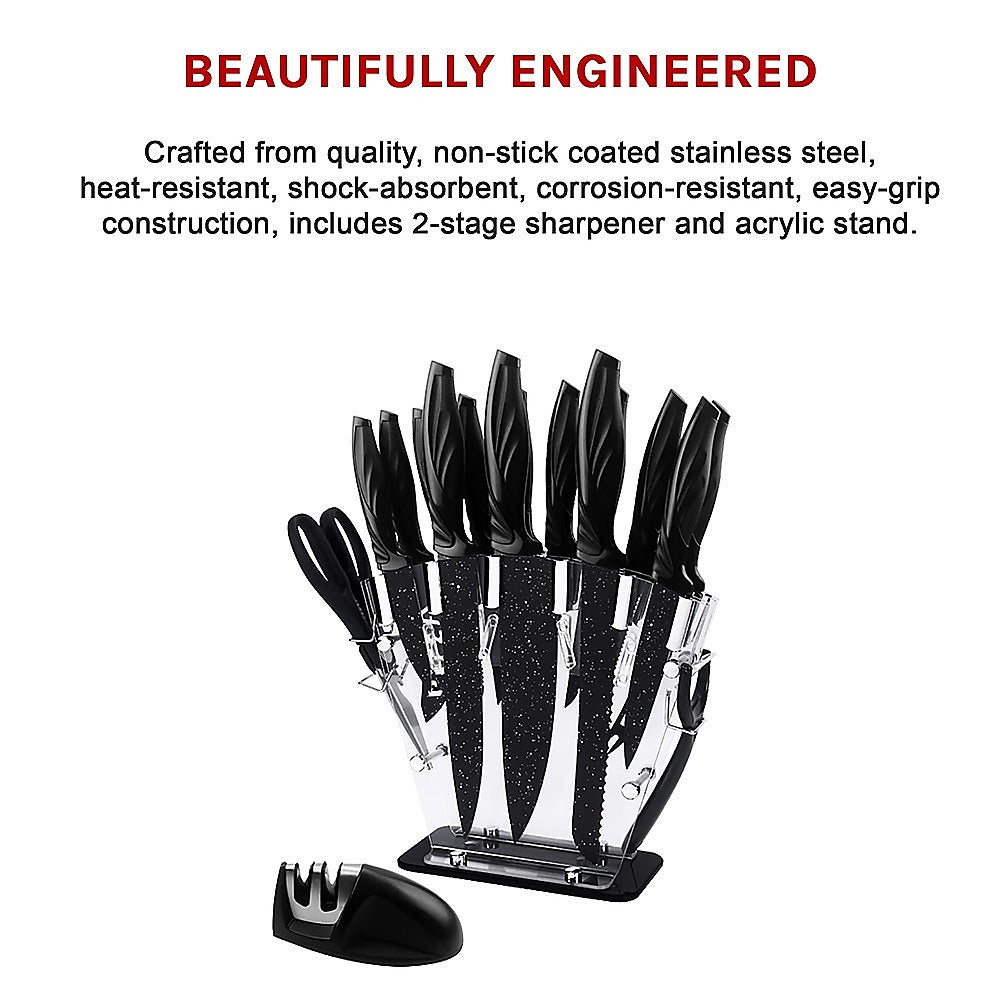 Kitchen 17 Pc Knife Set w/ Block & Sharpener Chef Bread Steak Knives 11