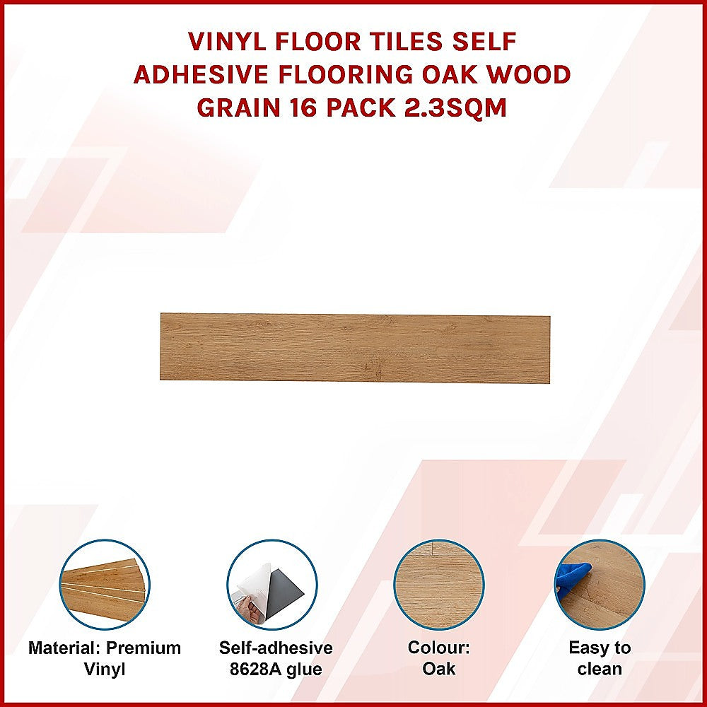 Vinyl Floor Tiles Self Adhesive Flooring Oak Wood Grain 16 Pack 2.3SQM 3