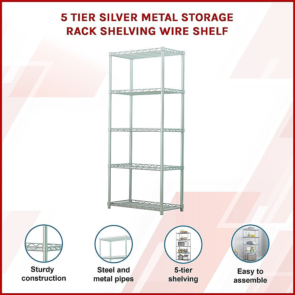 5 Tier Silver Metal Storage Rack Shelving Wire Shelf 5