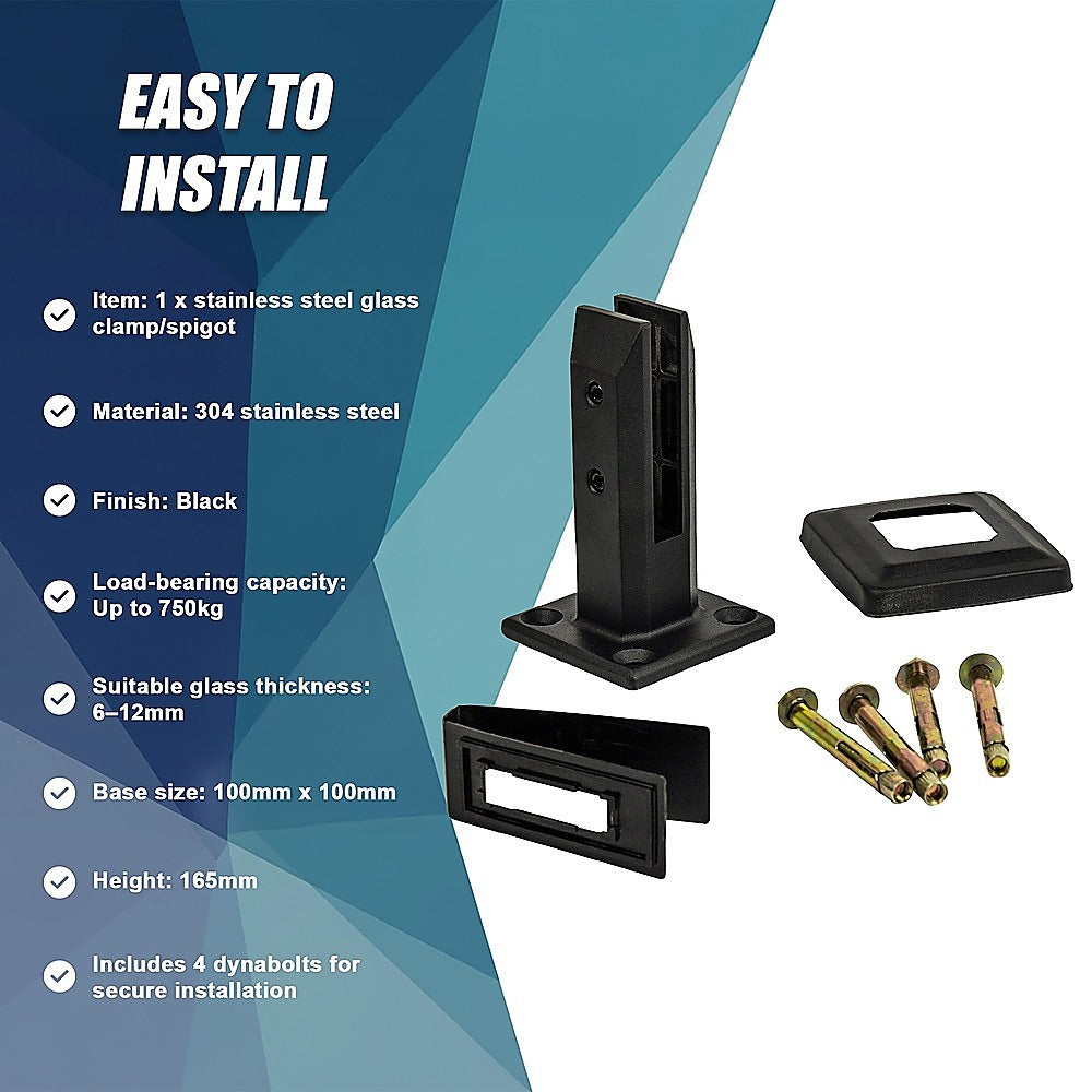 Balustrade Black Glass Clamp 304 Stainless Spigot Pool Fencing Fence 11