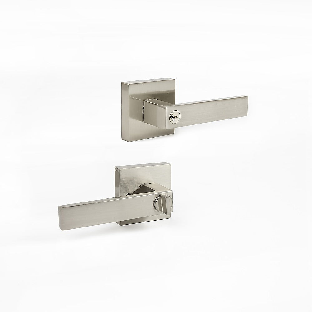 Door Handle Set Lever Key Lock Function Square Satin Nickel 3