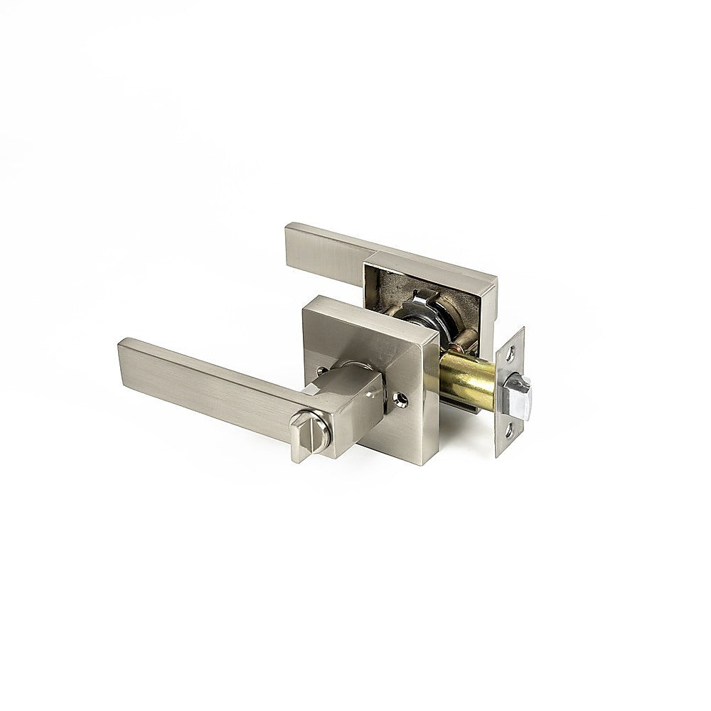 Door Handle Set Lever Key Lock Function Square Satin Nickel 4