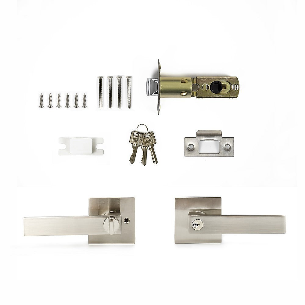 Door Handle Set Lever Key Lock Function Square Satin Nickel 5