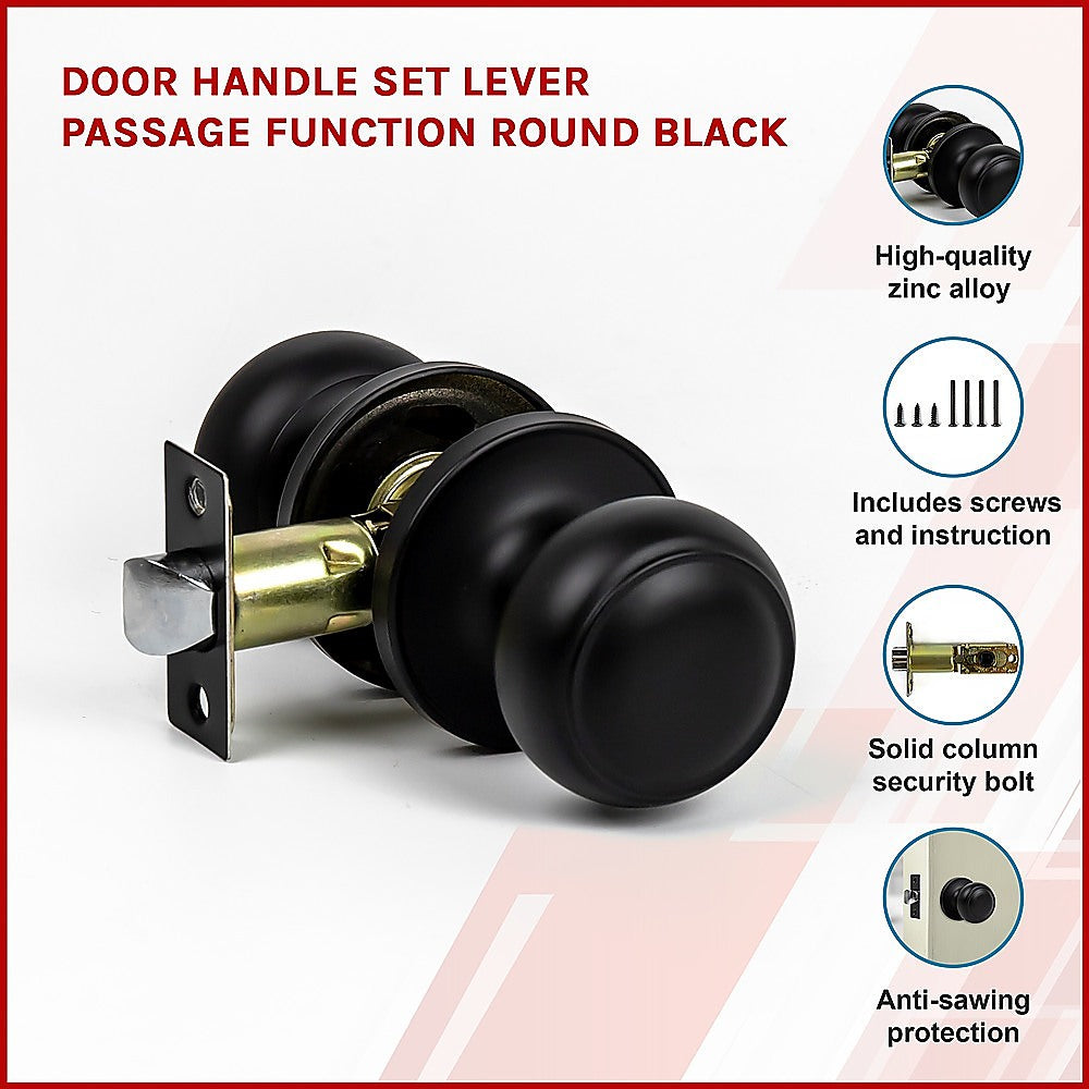 Door Handle Set Passage Function Round Black 4