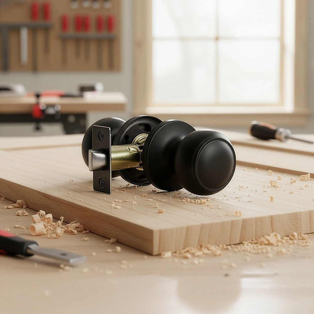 Door Handle Set Passage Function Round Black 5