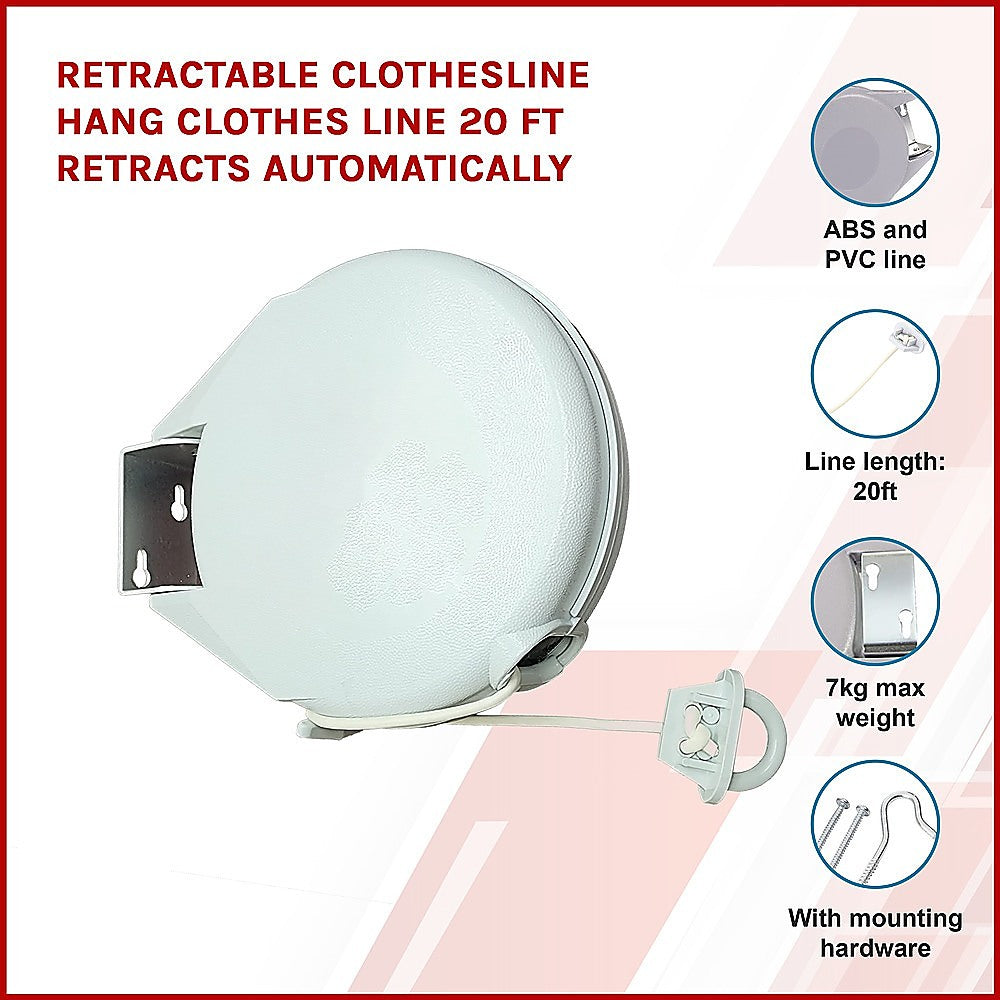 Retractable Clothesline Hang Clothes Line 20 Ft Retracts Automatically 3