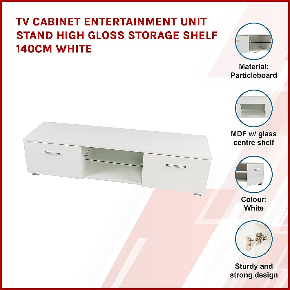 TV Cabinet Entertainment Unit Stand High Gloss Storage Shelf 140cm White 3