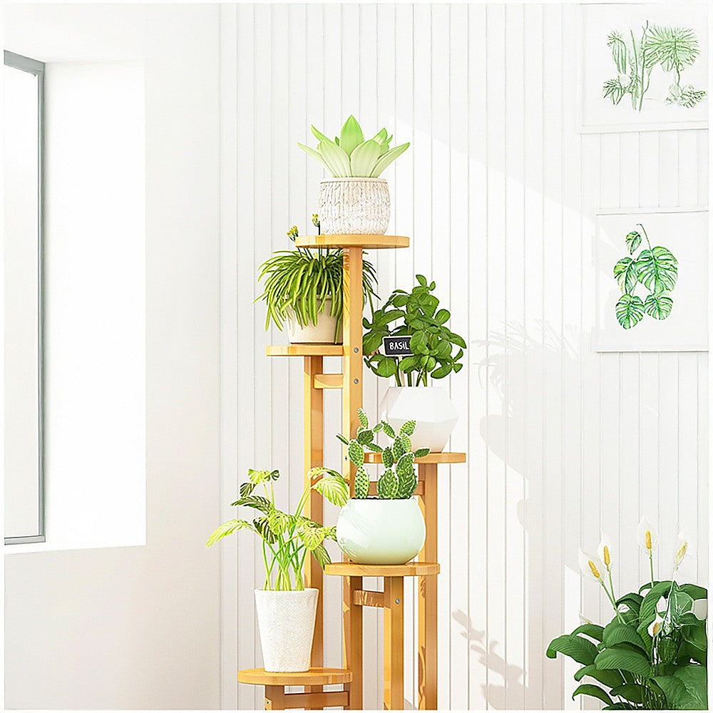 5 Tiers Vertical Bamboo Plant Stand Staged Flower Shelf Rack Outdoor Garden 3