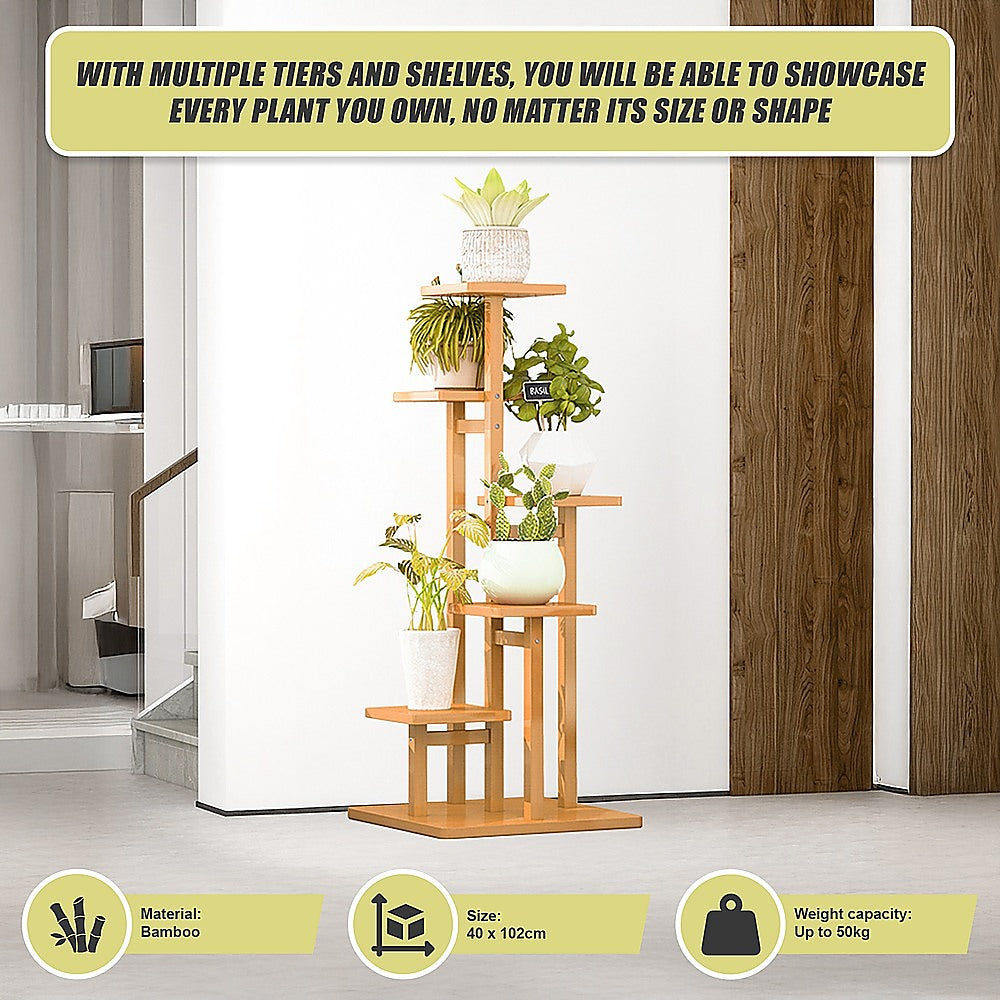 5 Tiers Vertical Bamboo Plant Stand Staged Flower Shelf Rack Outdoor Garden 9