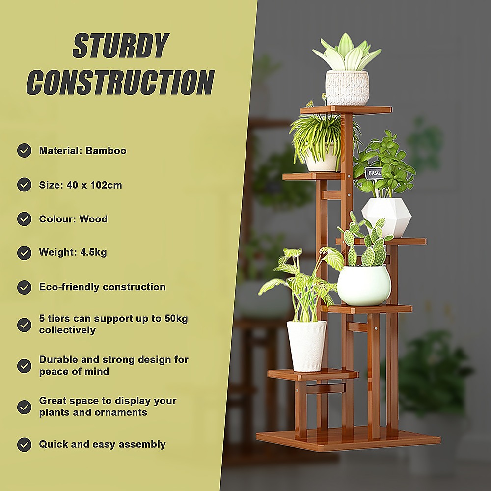 5 Tiers Vertical Bamboo Plant Stand Staged Flower Shelf Rack Outdoor Garden 10