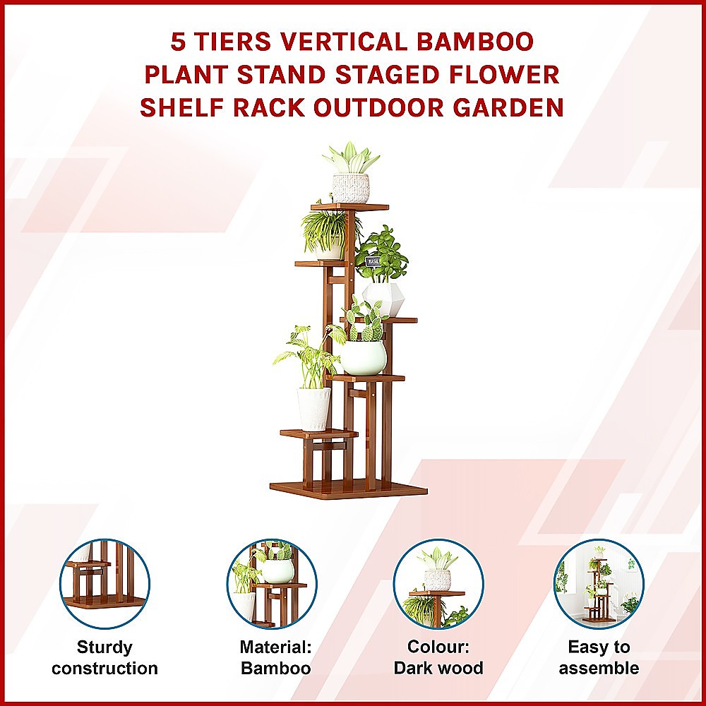 5 Tiers Vertical Bamboo Plant Stand Staged Flower Shelf Rack Outdoor Garden 3