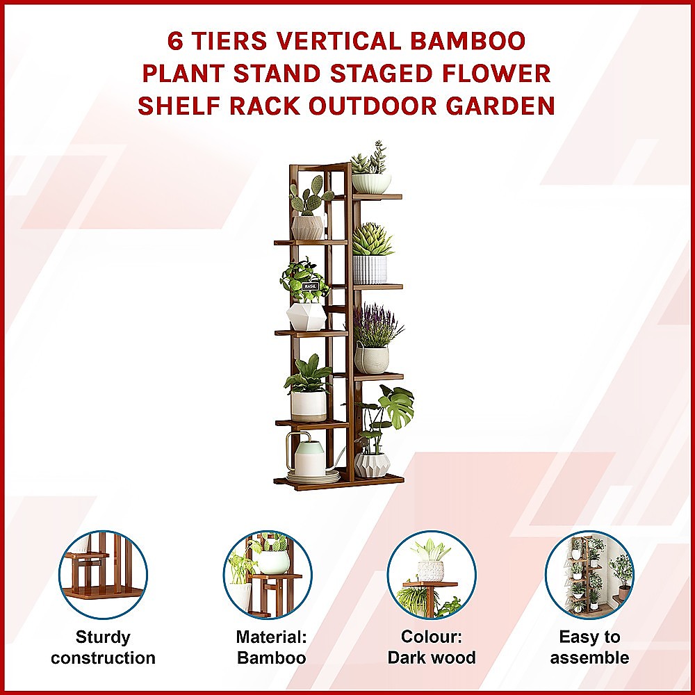 6 Tiers Vertical Bamboo Plant Stand Staged Flower Shelf Rack Outdoor Garden 3