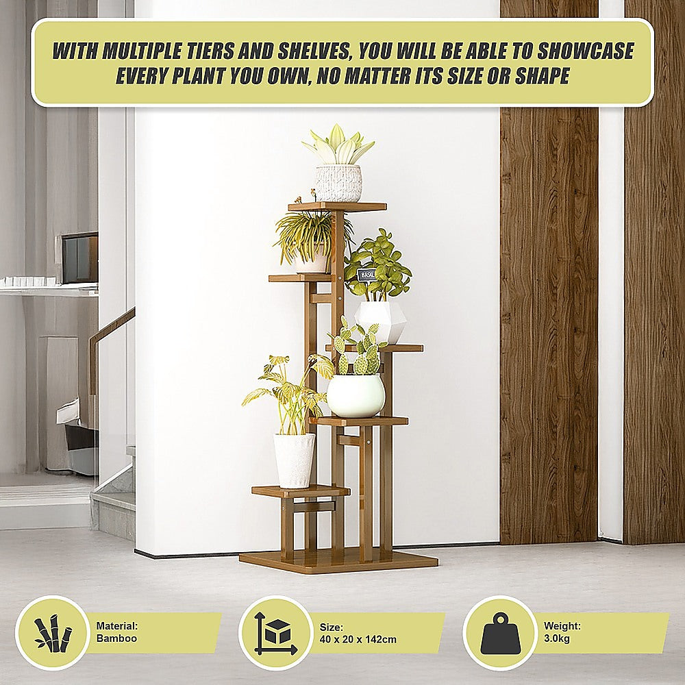 6 Tiers Vertical Bamboo Plant Stand Staged Flower Shelf Rack Outdoor Garden 9