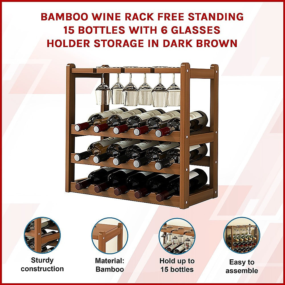Bamboo Wine Rack Free Standing 15 Bottles with 6 Glasses Holder Storage in Dark Brown 3