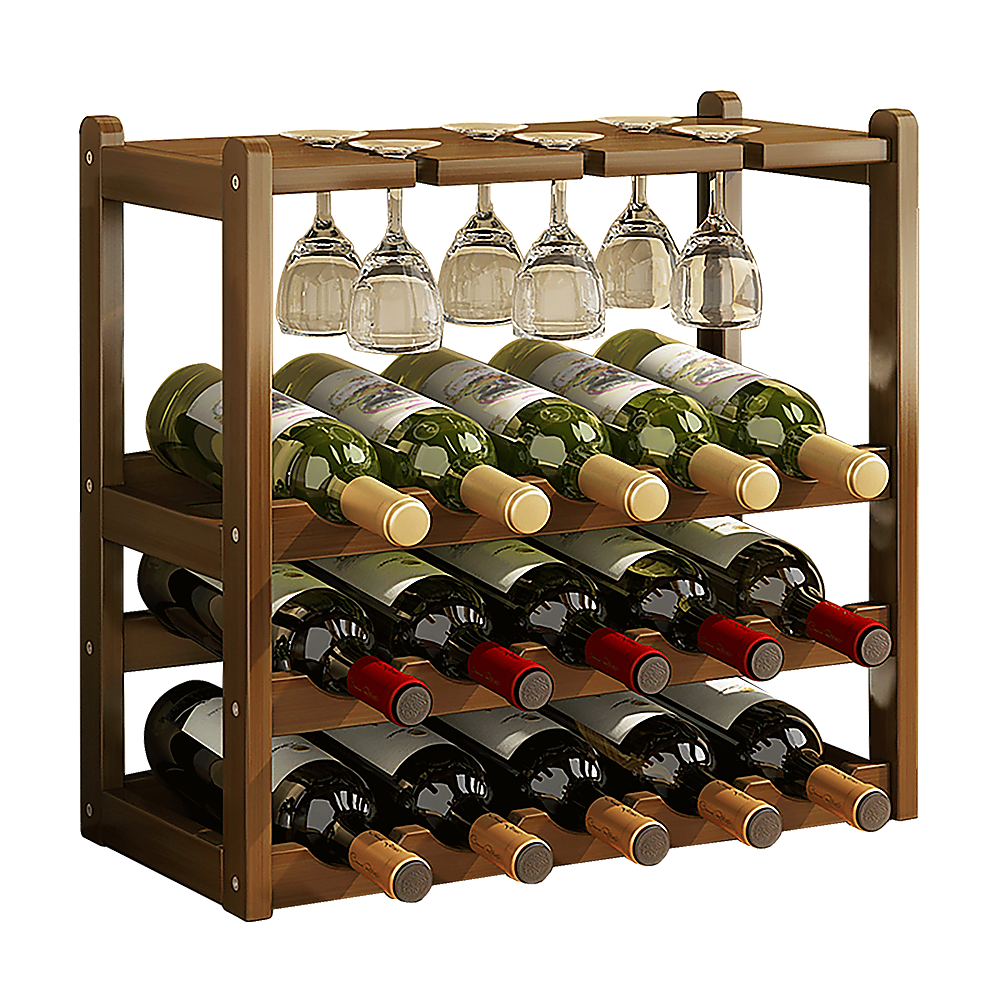 Bamboo Wine Rack Free Standing 15 Bottles with 6 Glasses Holder Storage in Dark Brown 4