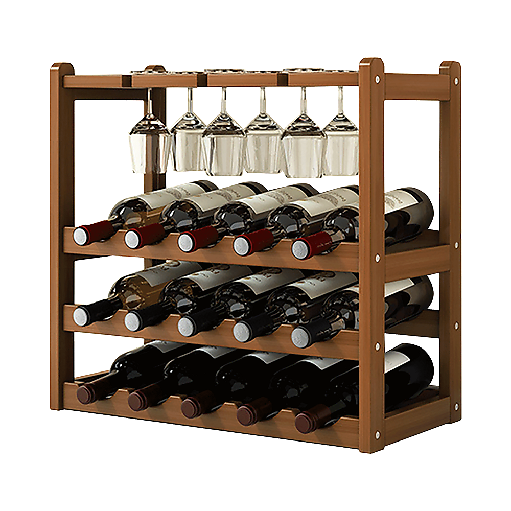 Bamboo Wine Rack Free Standing 15 Bottles with 6 Glasses Holder Storage in Dark Brown 6