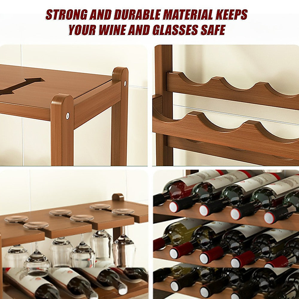 Bamboo Wine Rack Free Standing 15 Bottles with 6 Glasses Holder Storage in Dark Brown 7