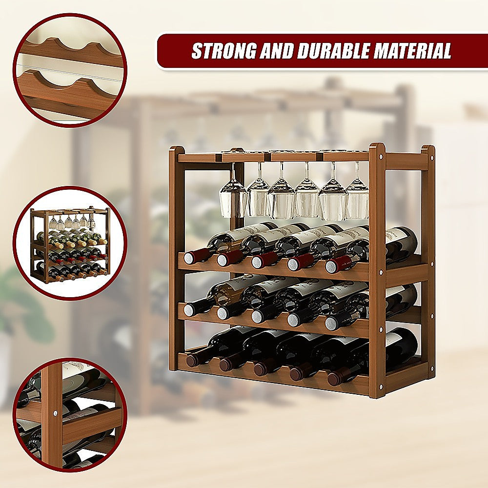 Bamboo Wine Rack Free Standing 15 Bottles with 6 Glasses Holder Storage in Dark Brown 8