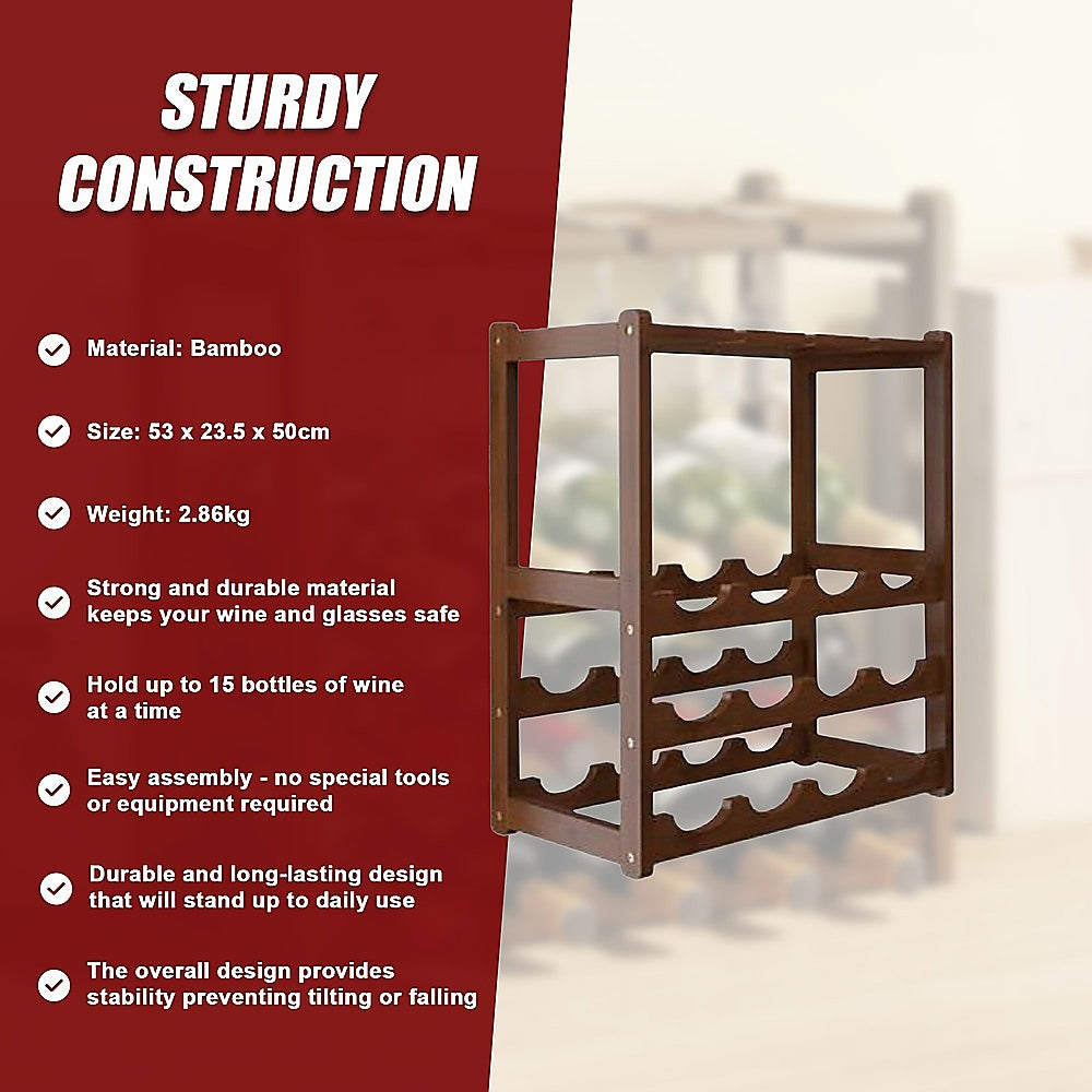 Bamboo Wine Rack Free Standing 15 Bottles with 6 Glasses Holder Storage in Dark Brown 10
