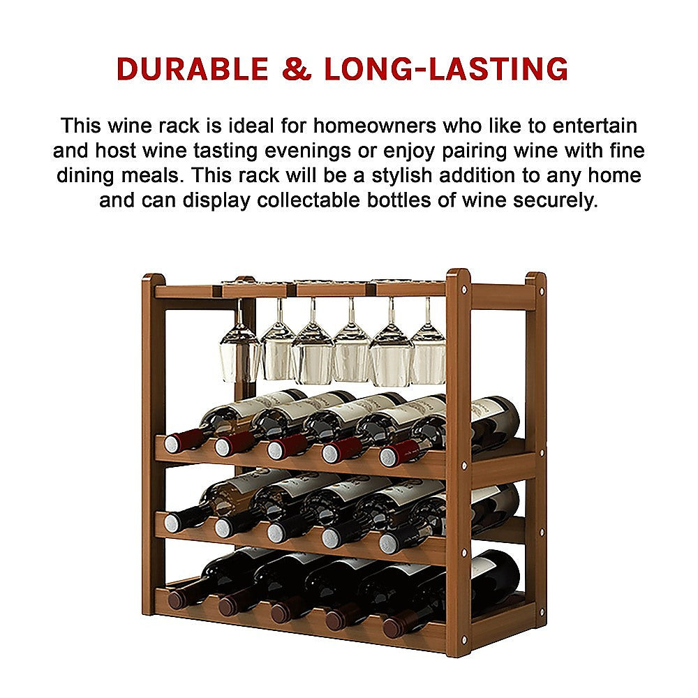 Bamboo Wine Rack Free Standing 15 Bottles with 6 Glasses Holder Storage in Dark Brown 11