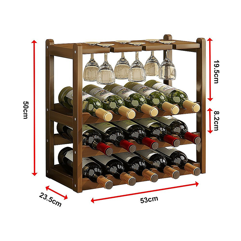 Bamboo Wine Rack Free Standing 15 Bottles with 6 Glasses Holder Storage in Dark Brown 12