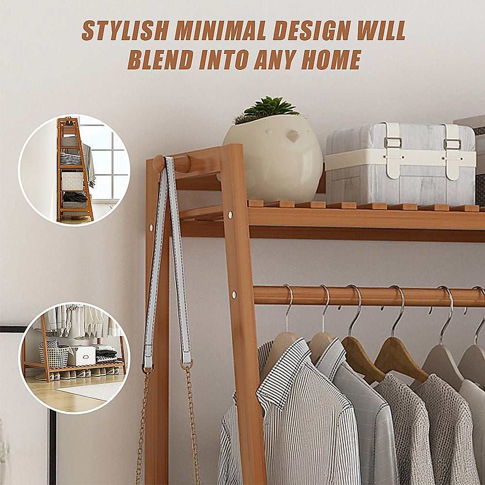 Portable Clothes Rack Coat Garment Stand Bamboo Rail Hanger Airer Closet 8