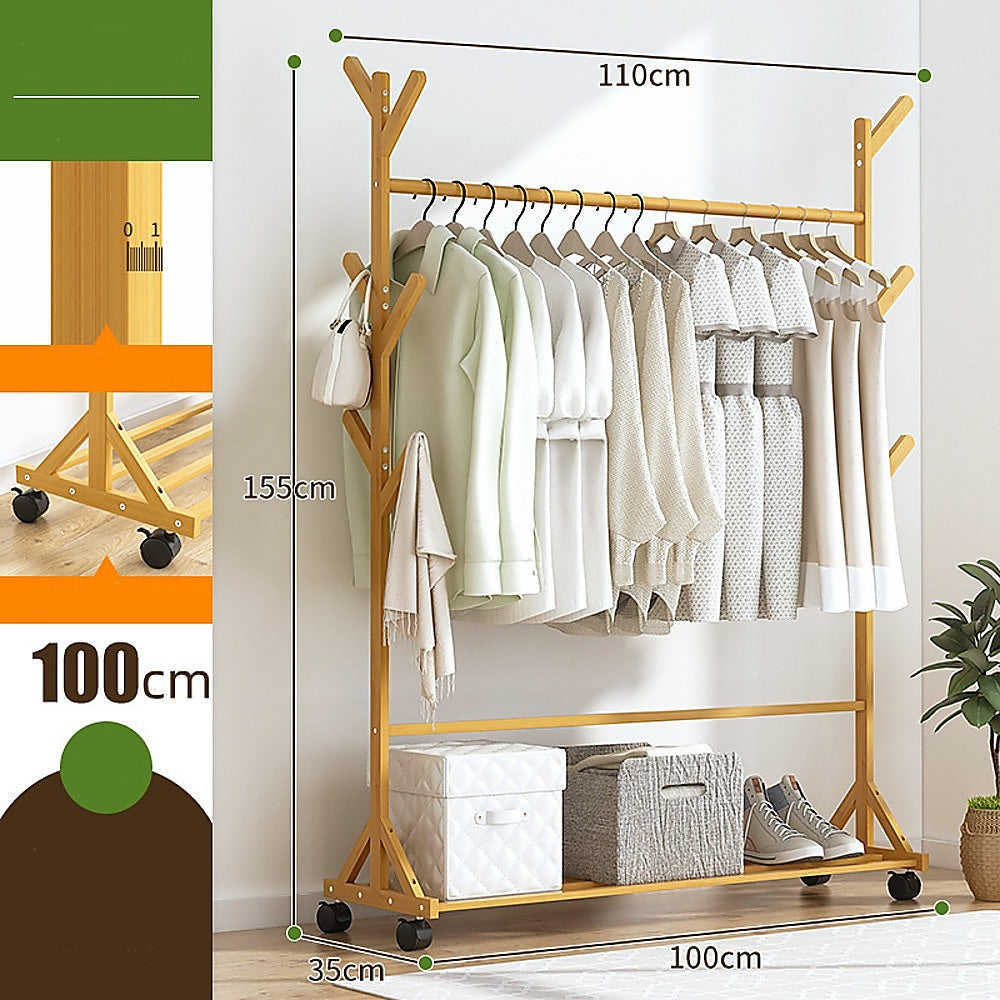 Portable Clothes Rack Coat Garment Stand Bamboo Rail Hanger Airer Closet 5