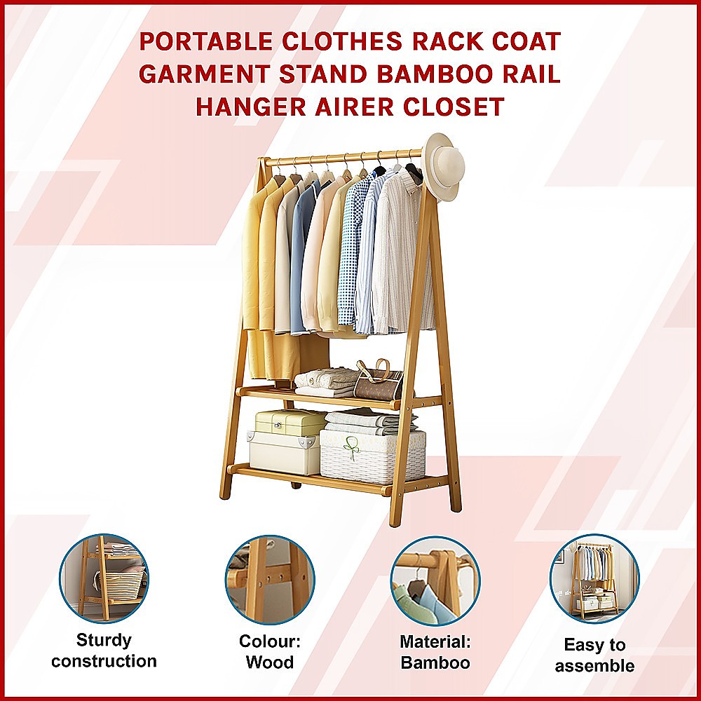Portable Clothes Rack Coat Garment Stand Bamboo Rail Hanger Airer Closet 3