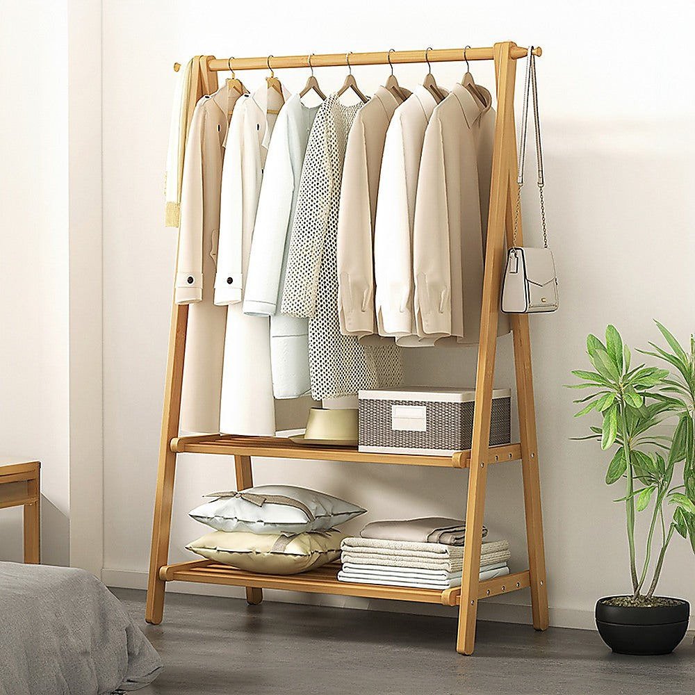 Portable Clothes Rack Coat Garment Stand Bamboo Rail Hanger Airer Closet 6