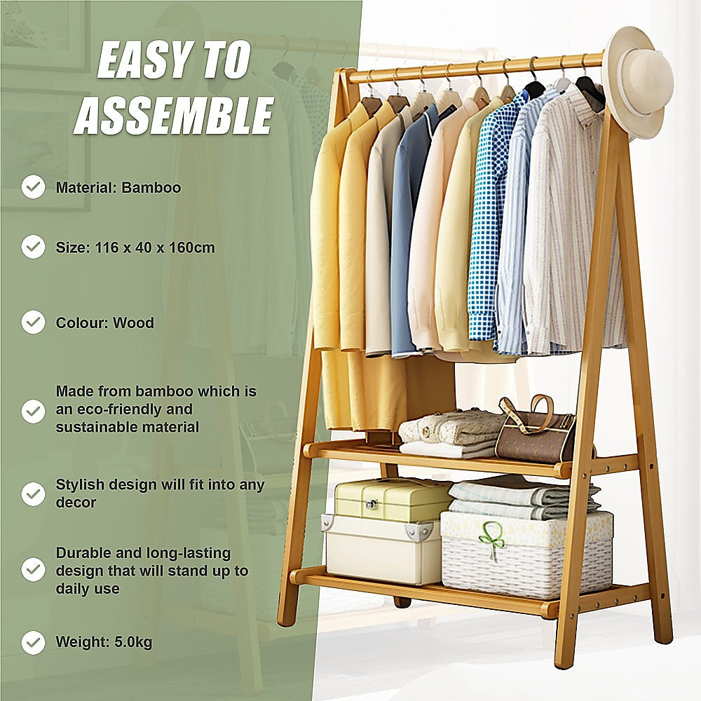 Portable Clothes Rack Coat Garment Stand Bamboo Rail Hanger Airer Closet 9