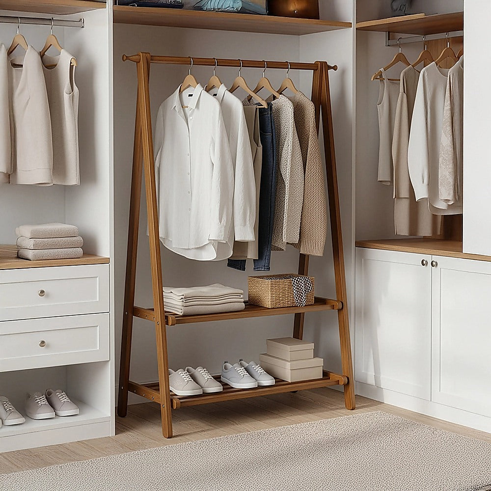 Portable Clothes Rack Coat Garment Stand Bamboo Rail Hanger Airer Closet 7