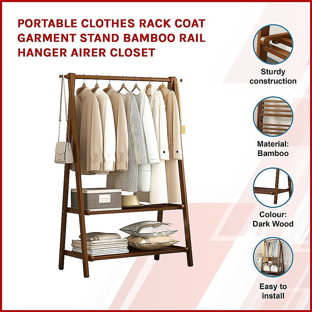 Portable Clothes Rack Coat Garment Stand Bamboo Rail Hanger Airer Closet 3