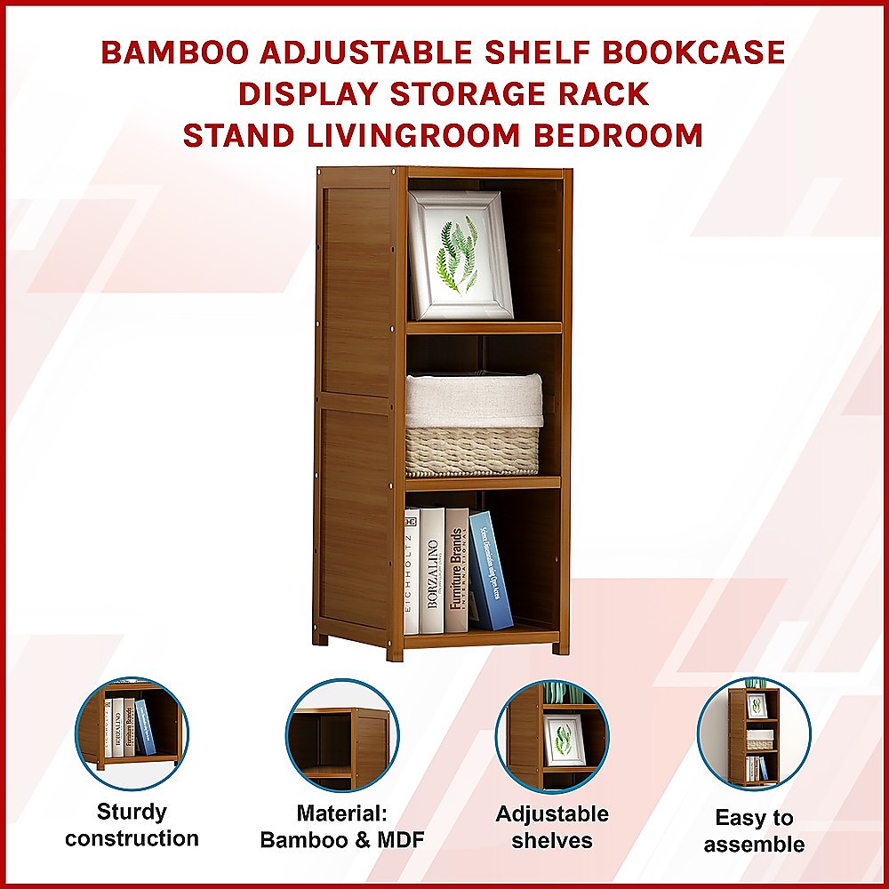 Bamboo Adjustable Shelf Bookcase Display Storage Rack Stand Livingroom Bedroom 3