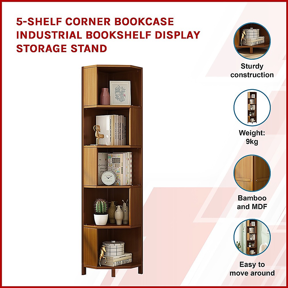5-Shelf Corner Bookcase Industrial Bookshelf Display Storage Stand 3