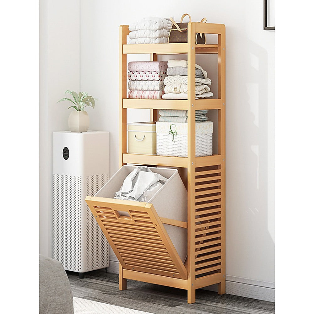 Bamboo 2-in-1 Laundry Hamper Side Table with 2 Shelves and Clothes Basket 3