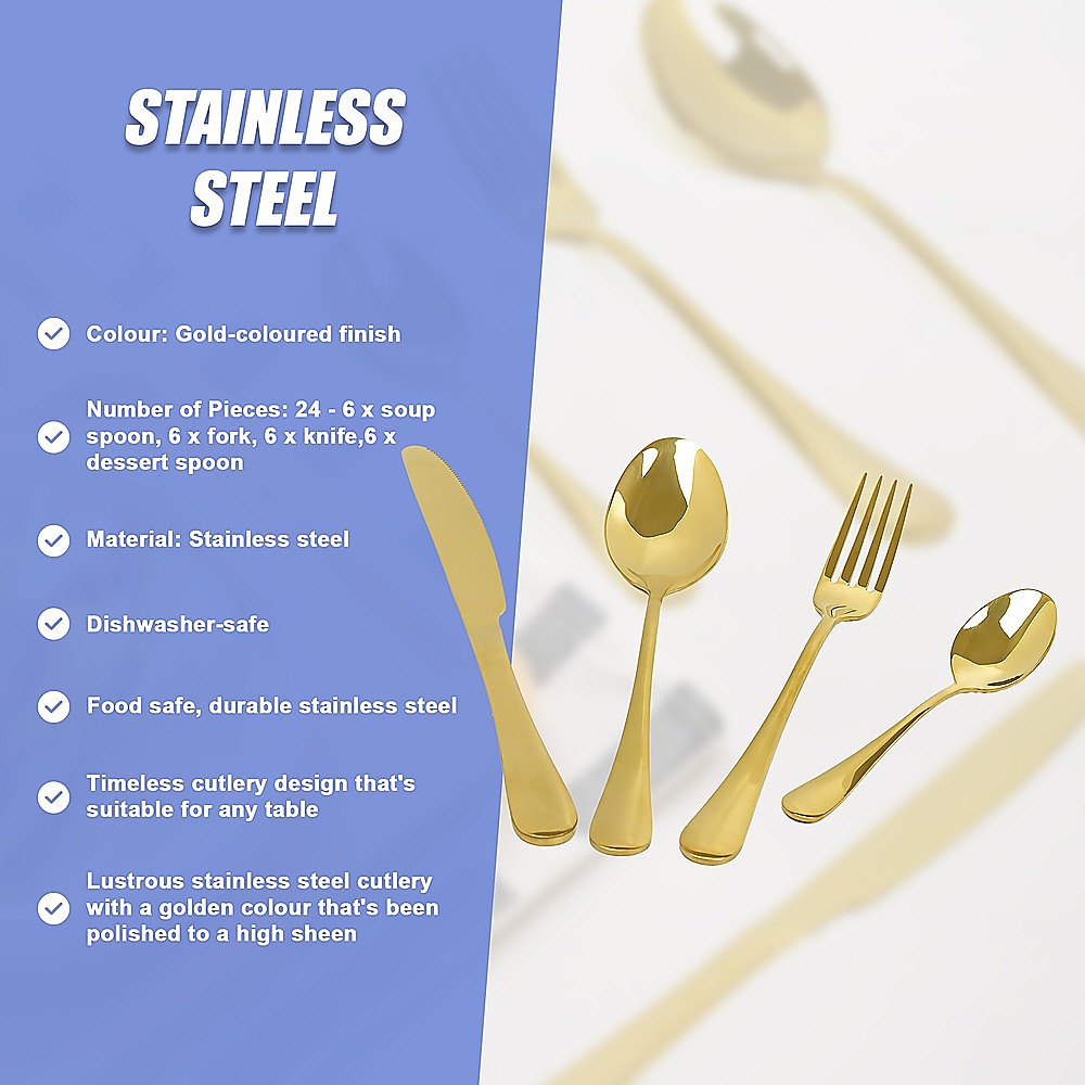 24-piece Gold Cutlery Flatware Stainless Steel Silverware Set Reflective Mirror Finish 8