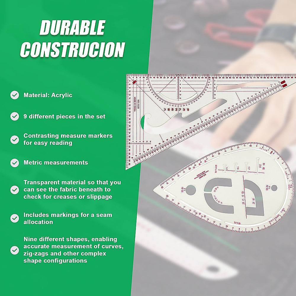 9pc French Curve Ruler Set DIY Sewing Pattern Measuring Tool for Dressmaker 12