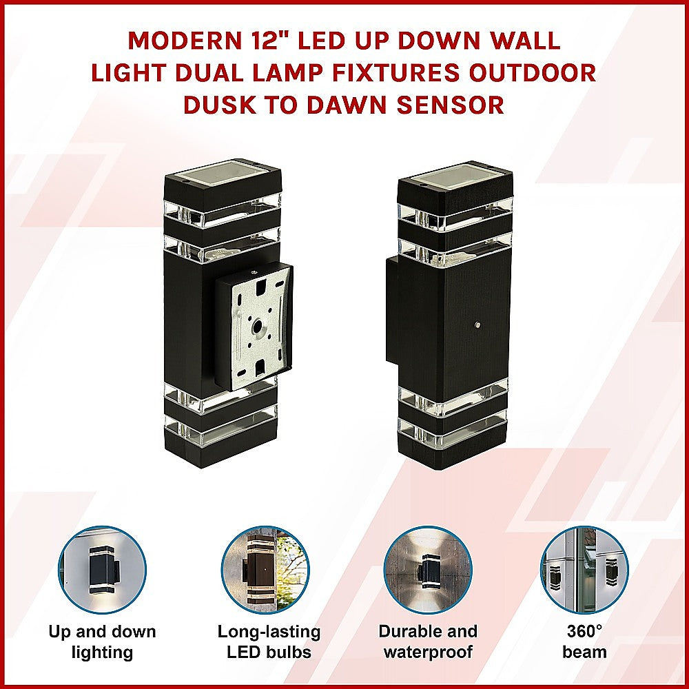 Modern 12" LED Up Down Wall Light dual Lamp Fixtures Outdoor Dusk to Dawn Sensor 3