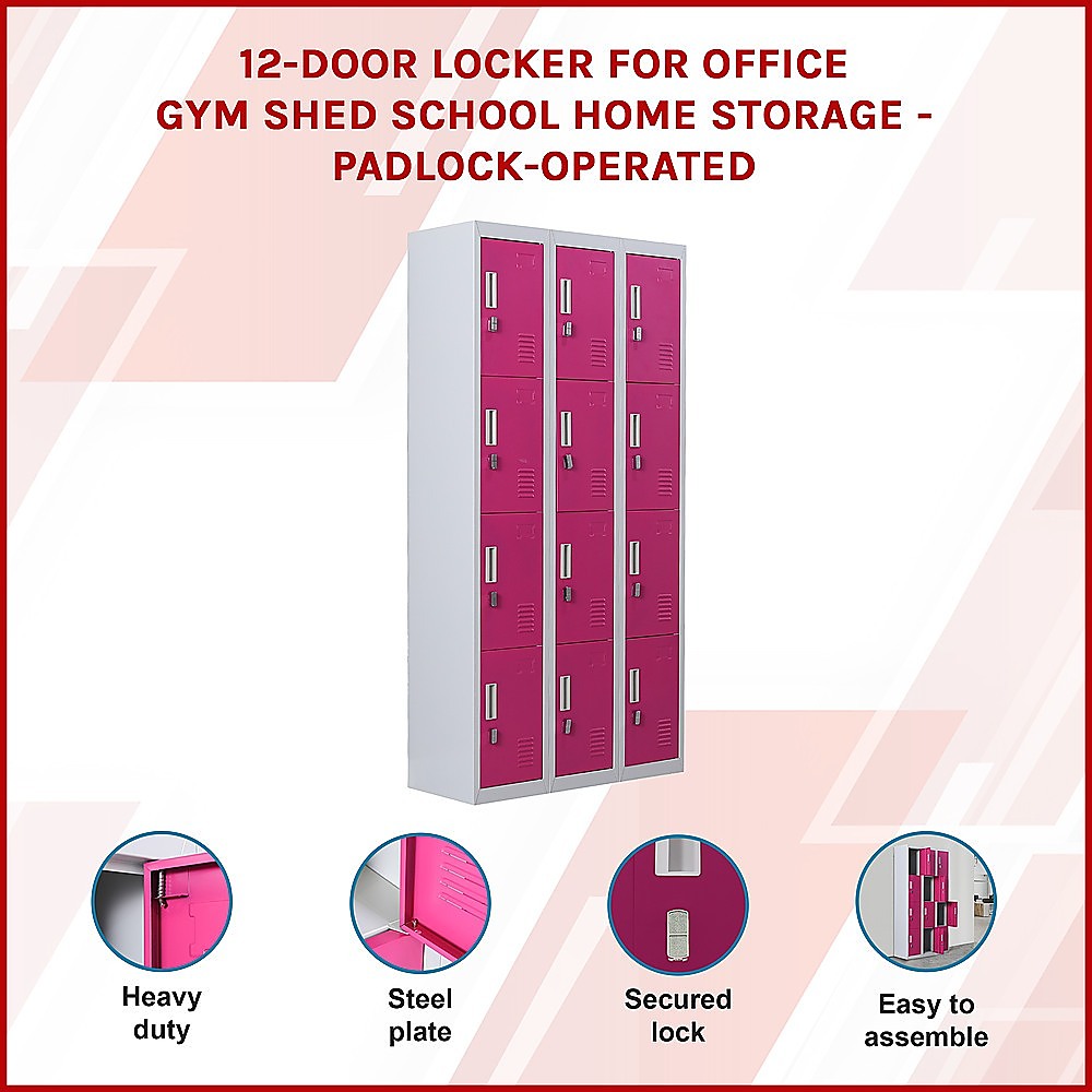 12-Door Locker for Office Gym Shed School Home Storage - Padlock-operated 3