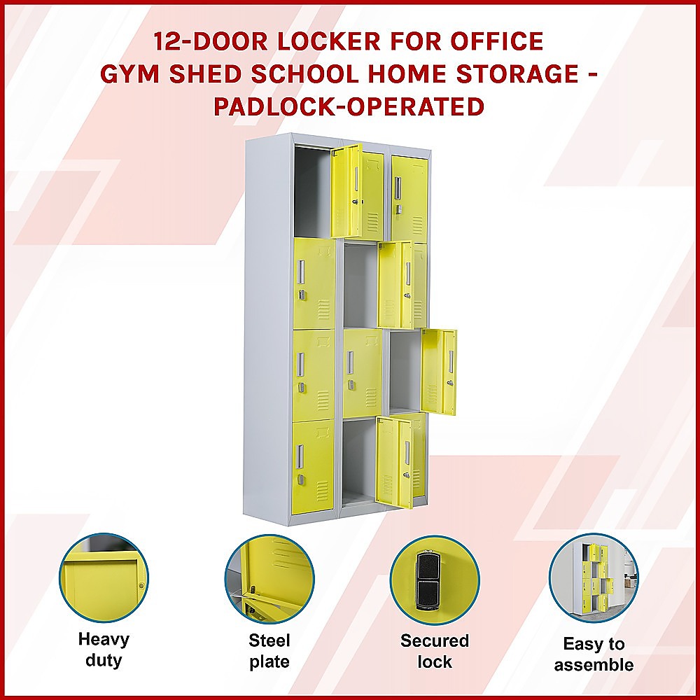 12-Door Locker for Office Gym Shed School Home Storage - Padlock-operated 3
